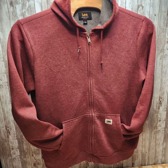 Lee Premium Mens Large Hooded Sweatshirt Workwear Zip-up Thermal Bonded Rust Red - Picture 1 of 8